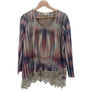 One World Live and Let Live Blouse Large Blue Tie Dye Lace Long Sleeve Art